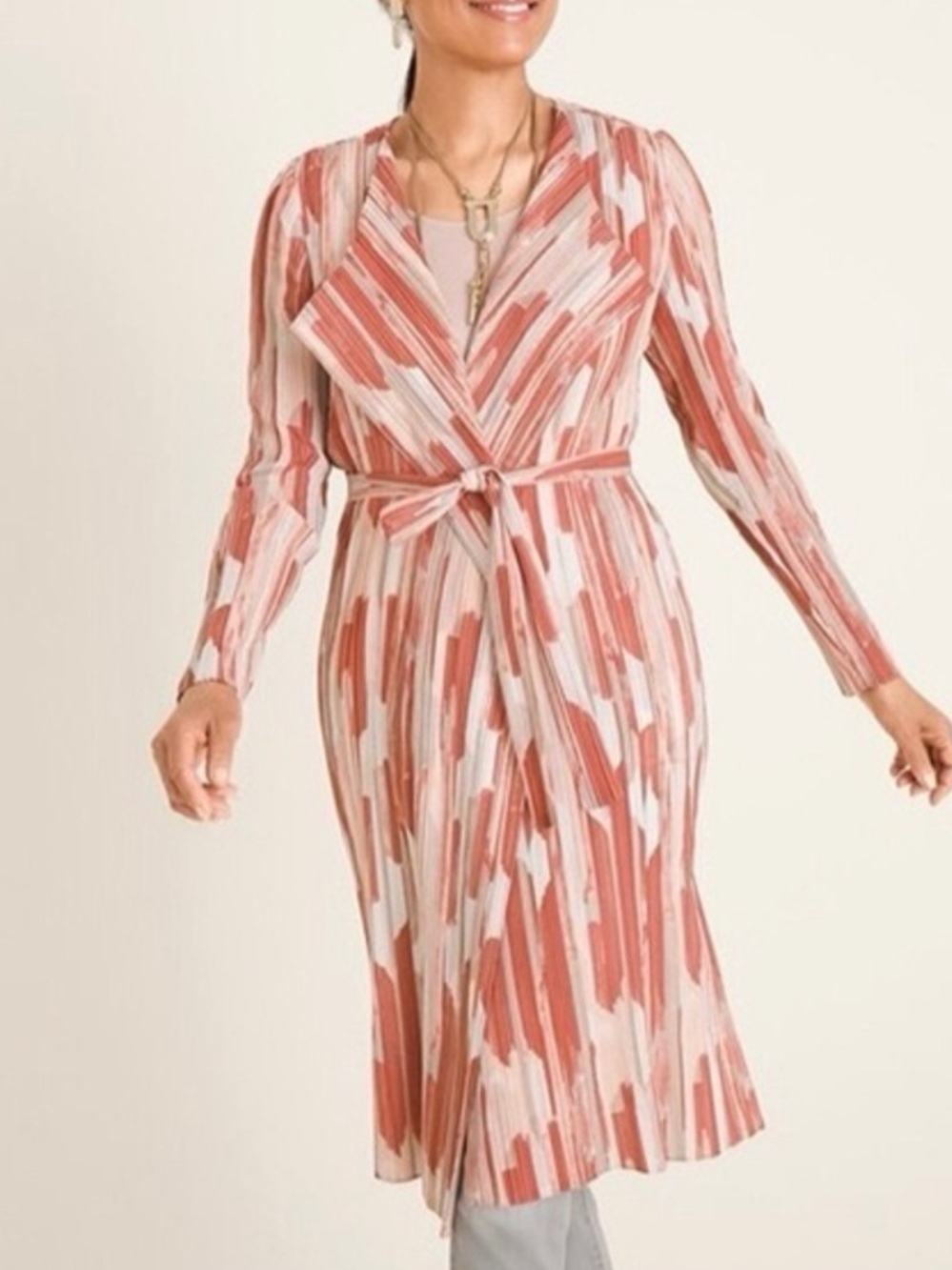 CHICOS Travelers Crinkle Pleated Lightweight Belted Jacket Coral Size 4 (20/22)